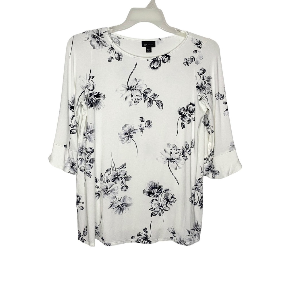 J. Jill Wearever Floral 3/4 Bell Sleeve Top Off White Black Petite Medium PM